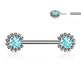 Pair Beaded Ball Edge CZ Center Threadless Push in Nipple Barbells