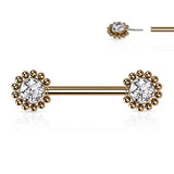Pair Beaded Ball Edge CZ Center Threadless Push in Nipple Barbells