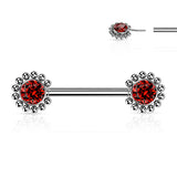 Pair Beaded Ball Edge CZ Center Threadless Push in Nipple Barbells