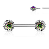 Pair Beaded Ball Edge CZ Center Threadless Push in Nipple Barbells