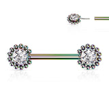 Pair Beaded Ball Edge CZ Center Threadless Push in Nipple Barbells