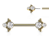 Pair Threadless Push In Nipple Barbell with Beaded Ball Edge and Double CZ