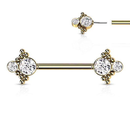 Pair Threadless Push In Nipple Barbell with Beaded Ball Edge and Double CZ