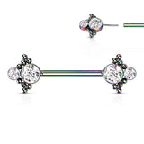 Pair Threadless Push In Nipple Barbell with Beaded Ball Edge and Double CZ
