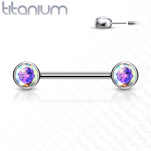 Pair Titanium Threadless Push in Nipple Barbell Front Facing CZ