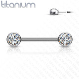 Pair Titanium Threadless Push in Nipple Barbell Front Facing CZ