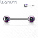Pair Titanium Threadless Push in Nipple Barbell Front Facing CZ