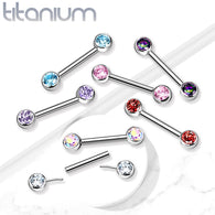 Pair Titanium Threadless Push in Nipple Barbell Front Facing CZ