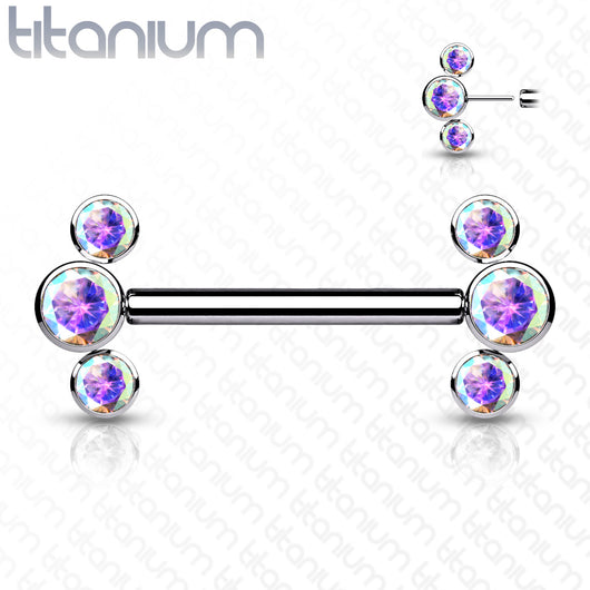 Pair Titanium Threadless Push in Nipple Barbell with 3 CZ