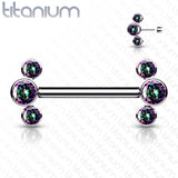 Pair Titanium Threadless Push in Nipple Barbell with 3 CZ