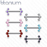 Pair Titanium Threadless Push in Nipple Barbell with 3 CZ