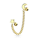 Star And Chain Linked Crescent Moon Ear Cartilage Helix Tragus Barbell Earrings