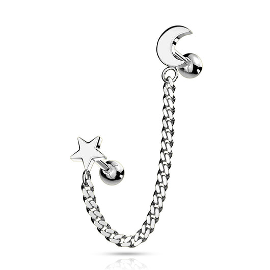 Star And Chain Linked Crescent Moon Ear Cartilage Helix Tragus Barbell Earrings