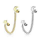 Star And Chain Linked Crescent Moon Ear Cartilage Helix Tragus Barbell Earrings