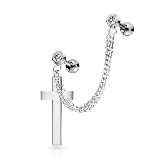 Chain Linked CZ Cross Dangle Ear Cartilage Helix Tragus Barbell Earrings