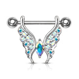 Pair Marquise Crystal Center CZ Paved Butterfly Barbell Nipple Rings