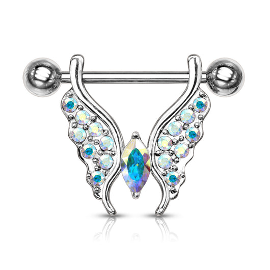 Pair Marquise Crystal Center CZ Paved Butterfly Barbell Nipple Rings