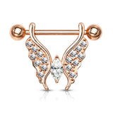 Pair Marquise Crystal Center CZ Paved Butterfly Barbell Nipple Rings