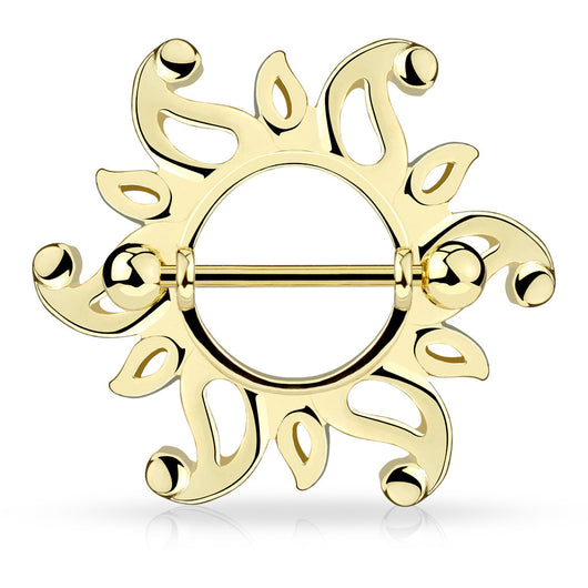 Pair of Swirling Sunburst Tribal Shield Nipple Ring Barbell