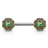 Pair of Opal Tribal Heart Filigree Surgical Steel Nipple Barbells