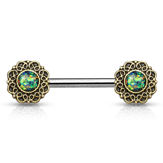 Pair of Opal Tribal Heart Filigree Surgical Steel Nipple Barbells
