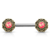 Pair of Opal Tribal Heart Filigree Surgical Steel Nipple Barbells
