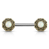 Pair of Opal Tribal Heart Filigree Surgical Steel Nipple Barbells