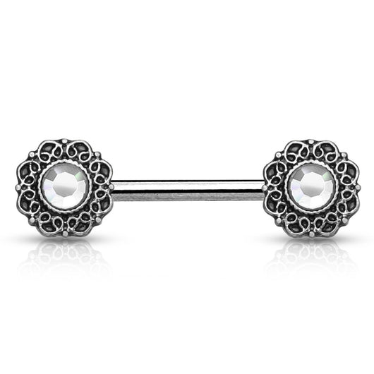 Pair of Crystal Tribal Heart Filigree Surgical Steel Nipple Barbells
