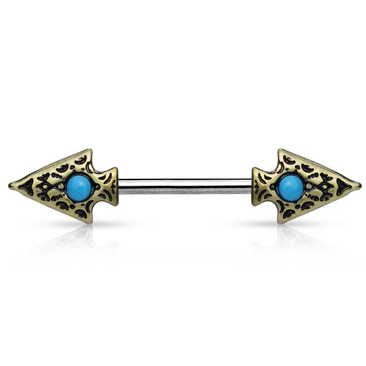Pair of Turquoise Tribal Spear Surgical Steel Nipple Rings Barbells