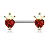 Pair Of Heart CZ With Crown Nipple Barbell Nipple Rings