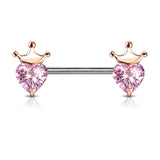 Pair Of Heart CZ With Crown Nipple Barbell Nipple Rings