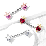 Pair Of Heart CZ With Crown Nipple Barbell Nipple Rings