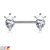 Pair Of Heart CZ With Crown Nipple Barbell Nipple Rings