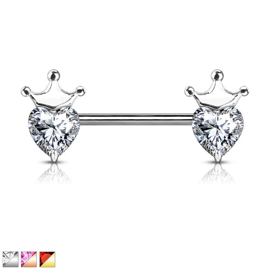 Pair Of Heart CZ With Crown Nipple Barbell Nipple Rings