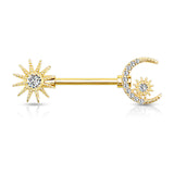 Pair CZ Paved Sun and Crescent Moon And Star Barbell Nipple Rings