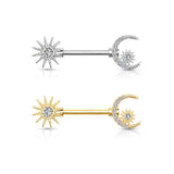 Pair CZ Paved Sun and Crescent Moon And Star Barbell Nipple Rings