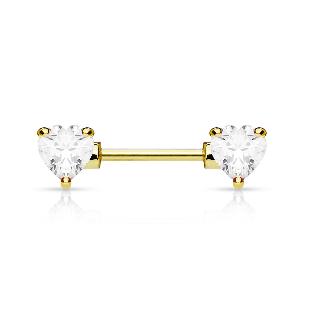 Pair of Prong Set CZ Heart Surgical Steel Barbell Nipple Rings –
