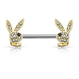 Pair of CZ Playboy Bunny Surgical Steel Nipple Ring Barbell