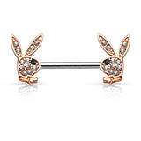 Pair of CZ Playboy Bunny Surgical Steel Nipple Ring Barbell