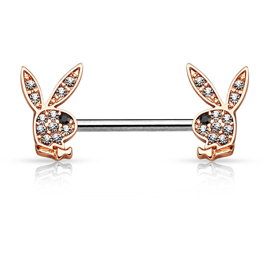 Pair of CZ Playboy Bunny Surgical Steel Nipple Ring Barbell