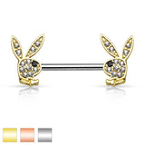 Pair of CZ Playboy Bunny Surgical Steel Nipple Ring Barbell