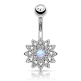 Petite Crystal Paved Flower with Opal Center Navel Belly Button Rings