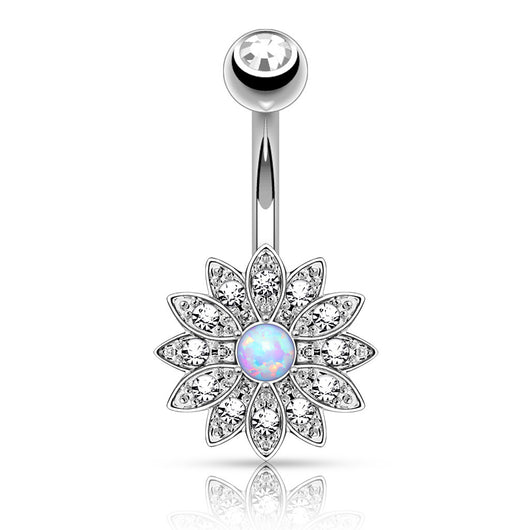 Petite Crystal Paved Flower with Opal Center Navel Belly Button Rings