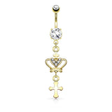 Heart CZ Crown with Cross Dangle Navel Belly Button Ring