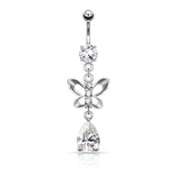 Clear CZ Paved Butterfly and Tear Drop Cut CZ Navel Belly Button Ring