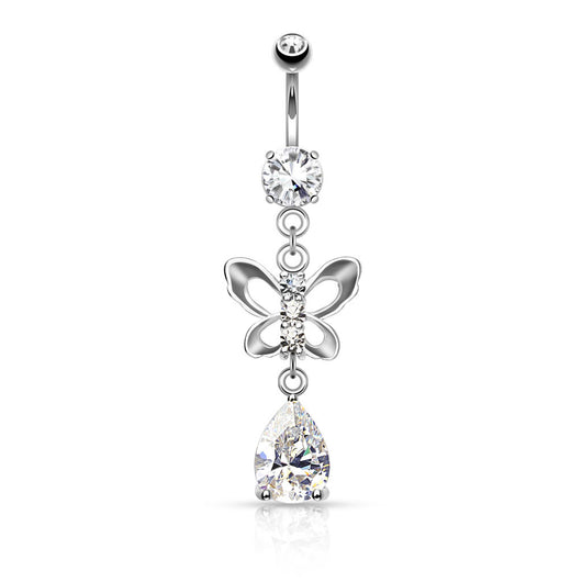 Clear CZ Paved Butterfly and Tear Drop Cut CZ Navel Belly Button Ring