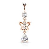 Clear CZ Paved Butterfly and Tear Drop Cut CZ Navel Belly Button Ring