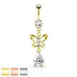 Clear CZ Paved Butterfly and Tear Drop Cut CZ Navel Belly Button Ring