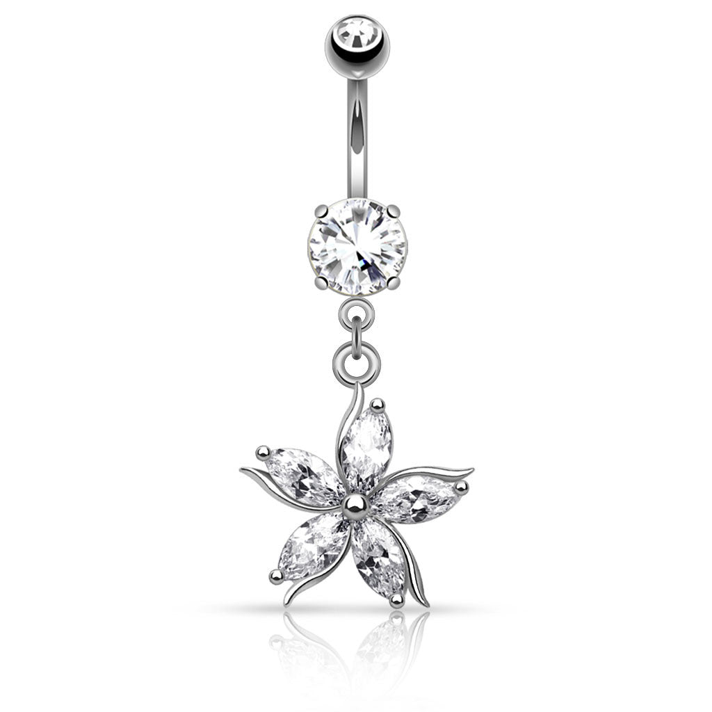 Flower w/ CZ Shard Petals Dangle Navel Belly Button Ring