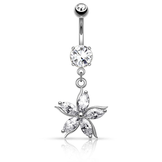 Flower w/ CZ Shard Petals Dangle Navel Belly Button Ring